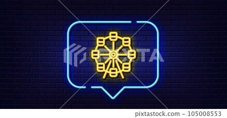 Neon light speech bubble. Ferris wheel line icon. Amusement park sign. Carousels symbol. Neon light background. Ferris wheel glow line. Brick wall banner. Vector 105008553