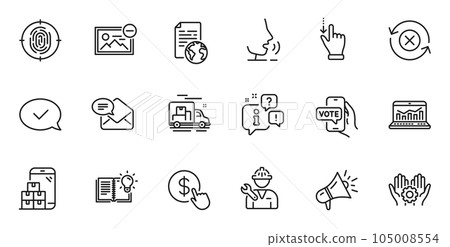 Outline set of Reject refresh, Mobile inventory and Buy currency line icons for web application. Talk, information, delivery truck outline icon. Vector Outline set of Reject refresh, Mobile inventory and Buy currency line icons for web application. Talk, information, delivery truck outline icon. Vector 105008554
