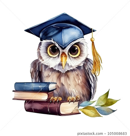 Watercolor school owl isolated. Illustration AI Generative 105008683
