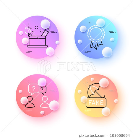 Fake news, Success and Creativity concept minimal line icons. 3d spheres or balls buttons. Teamwork questions icons. For web, application, printing. Umbrella secure, Award reward, Graphic art. Vector 105008694