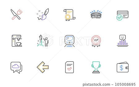 Coffee maker, Checked file and Award cup line icons for website, printing. Collection of Certificate, Fireworks, Paint brush icons. Weather forecast, Left arrow, Smile web elements. Vector 105008695
