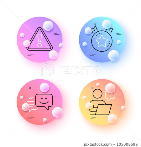 Happy emotion, Warning and Ranking star minimal line icons. 3d spheres or balls buttons. Online question icons. For web, application, printing. Web chat, Important message, Winner medal. Vector Happy emotion, Warning and Ranking star minimal line icons. 3d spheres or balls buttons. Online question icons. For web, application, printing. Web chat, Important message, Winner medal. Vector 105008699