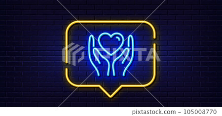 Neon light speech bubble. Hold heart line icon. Friends love sign. Friendship hand symbol. Neon light background. Hold heart glow line. Brick wall banner. Vector Neon light speech bubble. Hold heart line icon. Friends love sign. Friendship hand symbol. Neon light background. Hold heart glow line. Brick wall banner. Vector 105008770