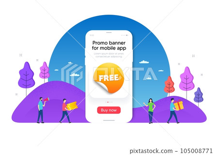 Free sticker. Phone ui interface banner. Discount adhesive banner. Round coupon offer icon. Mobile smartphone promo banner. Free sticker tag. Man with gift box. Vector Free sticker. Phone ui interface banner. Discount adhesive banner. Round coupon offer icon. Mobile smartphone promo banner. Free sticker tag. Man with gift box. Vector 105008771