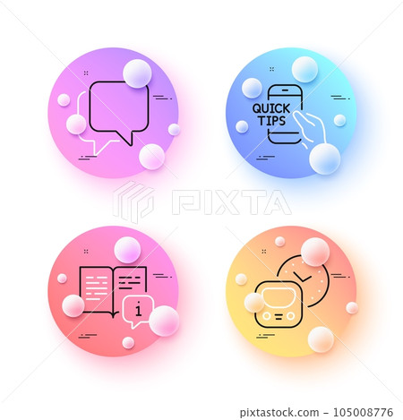 Education, Metro and Manual minimal line icons. 3d spheres or balls buttons. Talk bubble icons. For web, application, printing. Quick tips, Subway timetable, Read book. Chat message. Vector 105008776