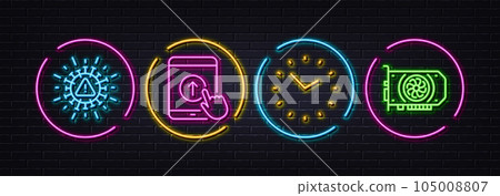 Time, Swipe up and Coronavirus minimal line icons. Neon laser 3d lights. Gpu icons. For web, application, printing. Clock, Scrolling screen, Covid warn. Graphic card. Neon lights buttons. Vector 105008807
