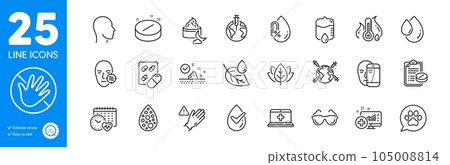 Outline icons set. Eyeglasses, Oil drop and World vaccination icons. Fever temperature, Organic tested, Capsule pill web elements. Medical analytics, Drop counter, Leaf dew signs. Vector 105008814