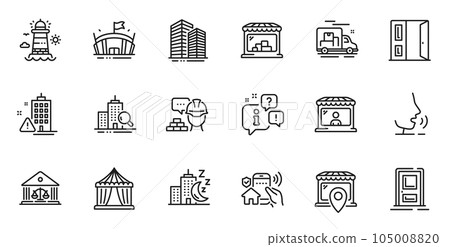 Outline set of Night city, Lighthouse and Court building line icons for web application. Talk, information, delivery truck outline icon. Include Open door, Build, Entrance icons. Vector 105008820