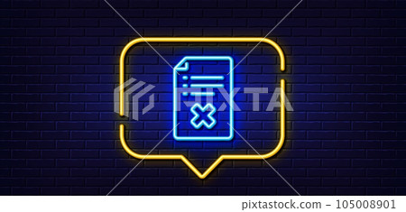 Neon light speech bubble. Reject file line icon. Decline document sign. Delete file. Neon light background. Reject file glow line. Brick wall banner. Vector 105008901