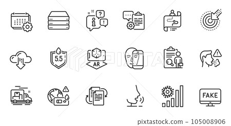 Outline set of Augmented reality, Coronavirus statistics and Face biometrics line icons for web application. Talk, information, delivery truck outline icon. Vector Outline set of Augmented reality, Coronavirus statistics and Face biometrics line icons for web application. Talk, information, delivery truck outline icon. Vector 105008906