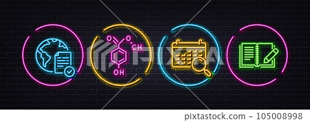 Chemical formula, Online voting and Search calendar minimal line icons. Neon laser 3d lights. Feedback icons. For web, application, printing. Chemistry, Internet poll, Find date. Vector 105008998