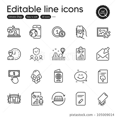 Set of Business outline icons. Contains icons as Smartphone broken, Mattress and Arena stadium elements. Working hours, Usd coins, Thumb down web signs. Payment click, Passport. Vector Set of Business outline icons. Contains icons as Smartphone broken, Mattress and Arena stadium elements. Working hours, Usd coins, Thumb down web signs. Payment click, Passport. Vector 105009014