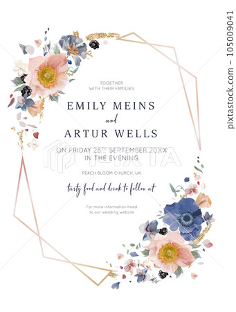 Elegant wedding invite card. Pastel, watercolor style flowers with golden geometrical frame. Editable, floral vector illustration. Blue, pink anemone, white petals, blackberry, glitter bouquet, wreath Elegant wedding invite card. Pastel, watercolor style flowers with golden geometrical frame. Editable, floral vector illustration. Blue, pink anemone, white petals, blackberry, glitter bouquet, wreath 105009041