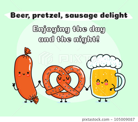 Glass of beer, sausage and pretzel. Vector hand drawn cartoon kawaii characters, illustration icon. Funny cartoon glass of beer, sausage and pretzel mascot friends concept 105009087