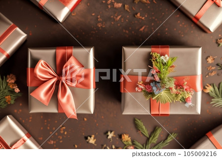 Gift or present box and flower gypsophila on table top view. Greeting card. Flat lay style with copy Gift or present box and flower gypsophila on table top view. Greeting card. Flat lay style with copy 105009216
