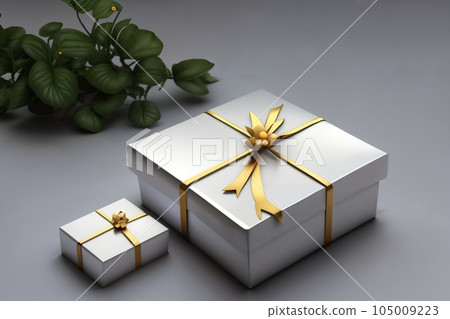 Gift or present box and flower gypsophila on table top view. Greeting card. Flat lay style with copy Gift or present box and flower gypsophila on table top view. Greeting card. Flat lay style with copy 105009223
