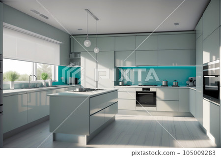 Modern interior of a large kitchen with modular furniture in white color 105009283