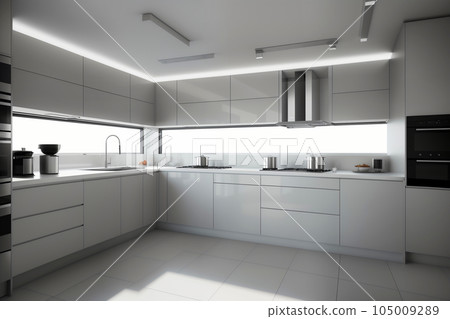 Modern interior of a large kitchen with modular furniture in white color 105009289