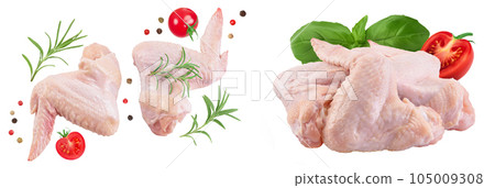 Raw chicken wings isolated on white background with full depth of field. Top view. Flat lay Raw chicken wings isolated on white background with full depth of field. Top view. Flat lay 105009308