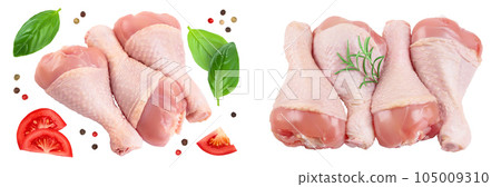 Raw chicken leg or drumstick isolated on white background with full depth of field. Top view. Flat lay 105009310