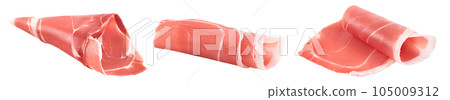 Italian prosciutto crudo or spanish jamon. Raw ham isolated on white background with full depth of field. Italian prosciutto crudo or spanish jamon. Raw ham isolated on white background with full depth of field. 105009312