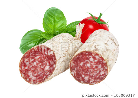 Cured salami sausage isolated on white background. Italian cuisine with full depth of field Cured salami sausage isolated on white background. Italian cuisine with full depth of field 105009317