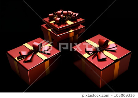 Merry New Year and Merry Christmas 2022 red gift boxes with light red bows on black background. Gift 105009336
