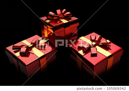Merry New Year and Merry Christmas 2022 red gift boxes with light red bows on black background. Gift Merry New Year and Merry Christmas 2022 red gift boxes with light red bows on black background. Gift 105009342