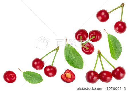 Some cherries with leaf closeup isolated on white background. Top view with copy space for your text. Flat lay. 105009343
