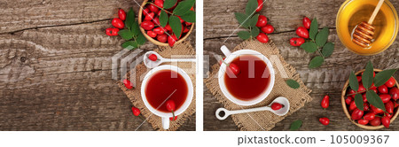 tea with rose hips on old wooden background with copy space for your text. Top view tea with rose hips on old wooden background with copy space for your text. Top view 105009367