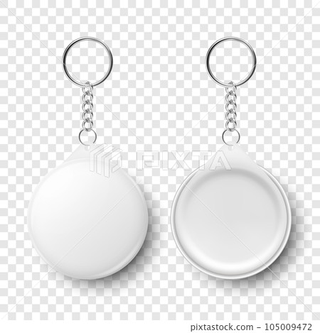Vector 3d Realistic Blank White Round Keychain with Ring and Chain for Key Isolated on White. Button Badge with Ring. Plastic, Metal ID Badge with Chains Key Holder, Design Template, Mockup Vector 3d Realistic Blank White Round Keychain with Ring and Chain for Key Isolated on White. Button Badge with Ring. Plastic, Metal ID Badge with Chains Key Holder, Design Template, Mockup 105009472