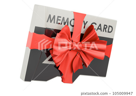 Memory card with red ribbon and bow, present concept. 3D rendering Memory card with red ribbon and bow, present concept. 3D rendering 105009947