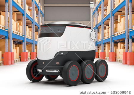 Autonomous robot in storehouse, delivery concept. 3D rendering Autonomous robot in storehouse, delivery concept. 3D rendering 105009948