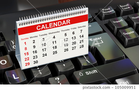 Desk calendar on the keyboard, 3D rendering Desk calendar on the keyboard, 3D rendering 105009951