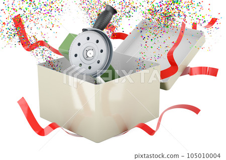 Angle grinder inside gift box. 3D rendering 105010004