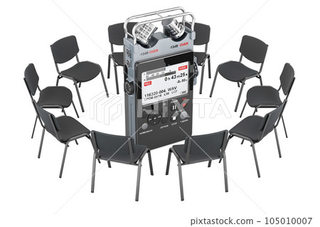 Chairs in a circle with dictaphone, 3D rendering Chairs in a circle with dictaphone, 3D rendering 105010007