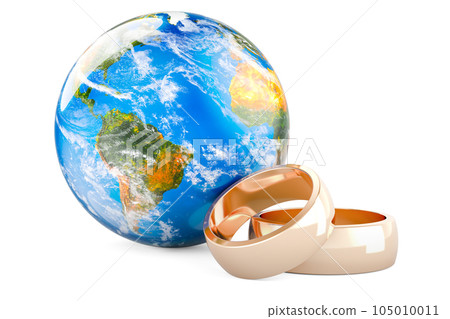 Golden wedding rings with Earth Globe. 3D rendering Golden wedding rings with Earth Globe. 3D rendering 105010011