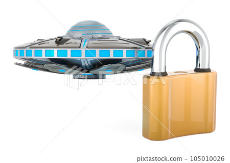 UFO with padlock. 3D rendering UFO with padlock. 3D rendering 105010026