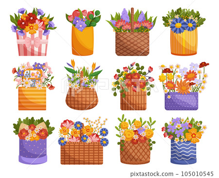 Set Of Delightful Arrangement Of Fresh Flowers In A Charming Baskets, Perfect For Gifting Or Brightening Up Any Space 105010545