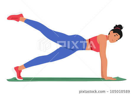 Fitness Woman Performs Challenging Exercise By Balancing On Her Arms And Raising Legs Engaging Muscles For Strength 105010589