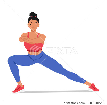 Fit Woman Performs Lunges, A Lower Body Exercise That Strengthens The Legs And Glutes, Improving Balance And Flexibility Fit Woman Performs Lunges, A Lower Body Exercise That Strengthens The Legs And Glutes, Improving Balance And Flexibility 105010598