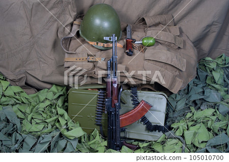 Kalashnikov AK 47 assault rifle with primitive russian body armor 105010700