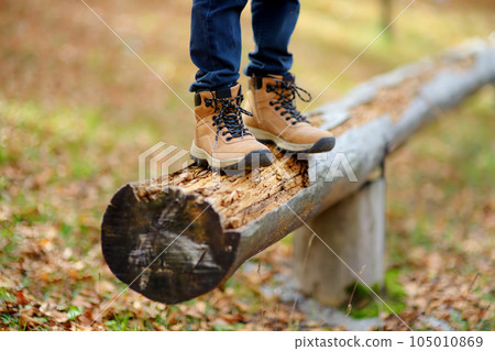 Close up view of child legs in hiking boots. Preteen boy having fun on a log during walk in the forest on a sunny autumn day. Active family time on nature. 105010869