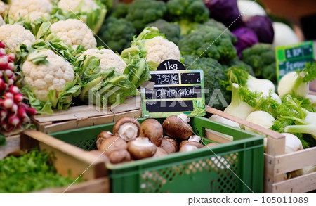 Fresh bio mushrooms and various vegetables on farmer market in Strasbourg, France 105011089