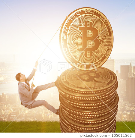 Businessman climbing the stack of bitcoins Businessman climbing the stack of bitcoins 105011562