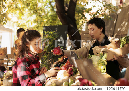 Young woman talking with vendor while choosing apples at local market, standing near fruit and vegetable stall. Female farmer selling fresh organic natural products to customer at seasonal greenmarket Young woman talking with vendor while choosing apples at local market, standing near fruit and vegetable stall. Female farmer selling fresh organic natural products to customer at seasonal greenmarket 105011791
