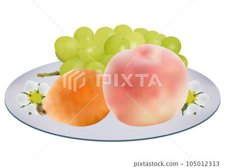 Three kinds of summer fruits served on a plate "loquat fruit" "peach" "grape" shine muscat white plate floral pattern 105012313