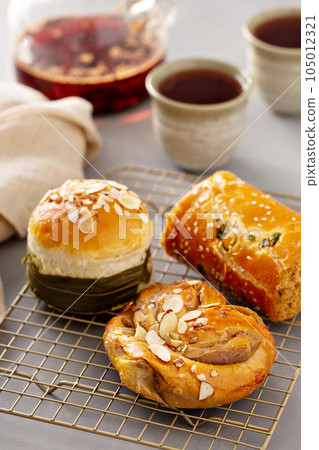 Asian style bakery treats, sweet and savory 105012321