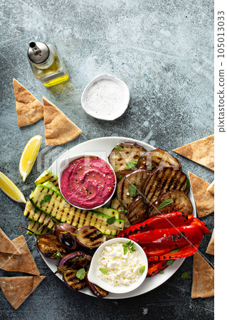 Grilled vegetables and hummus platter 105013033
