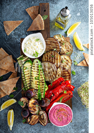 Grilled vegetables and hummus platter Grilled vegetables and hummus platter 105013056